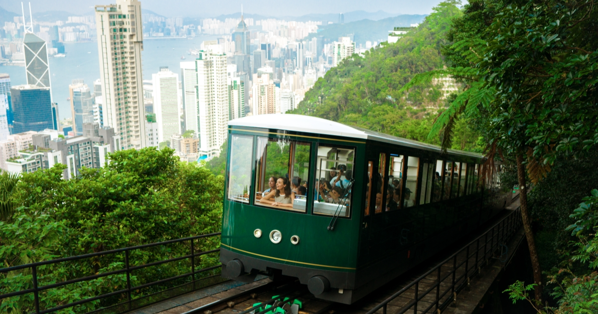 Victoria Peak tram travelling up the mountain