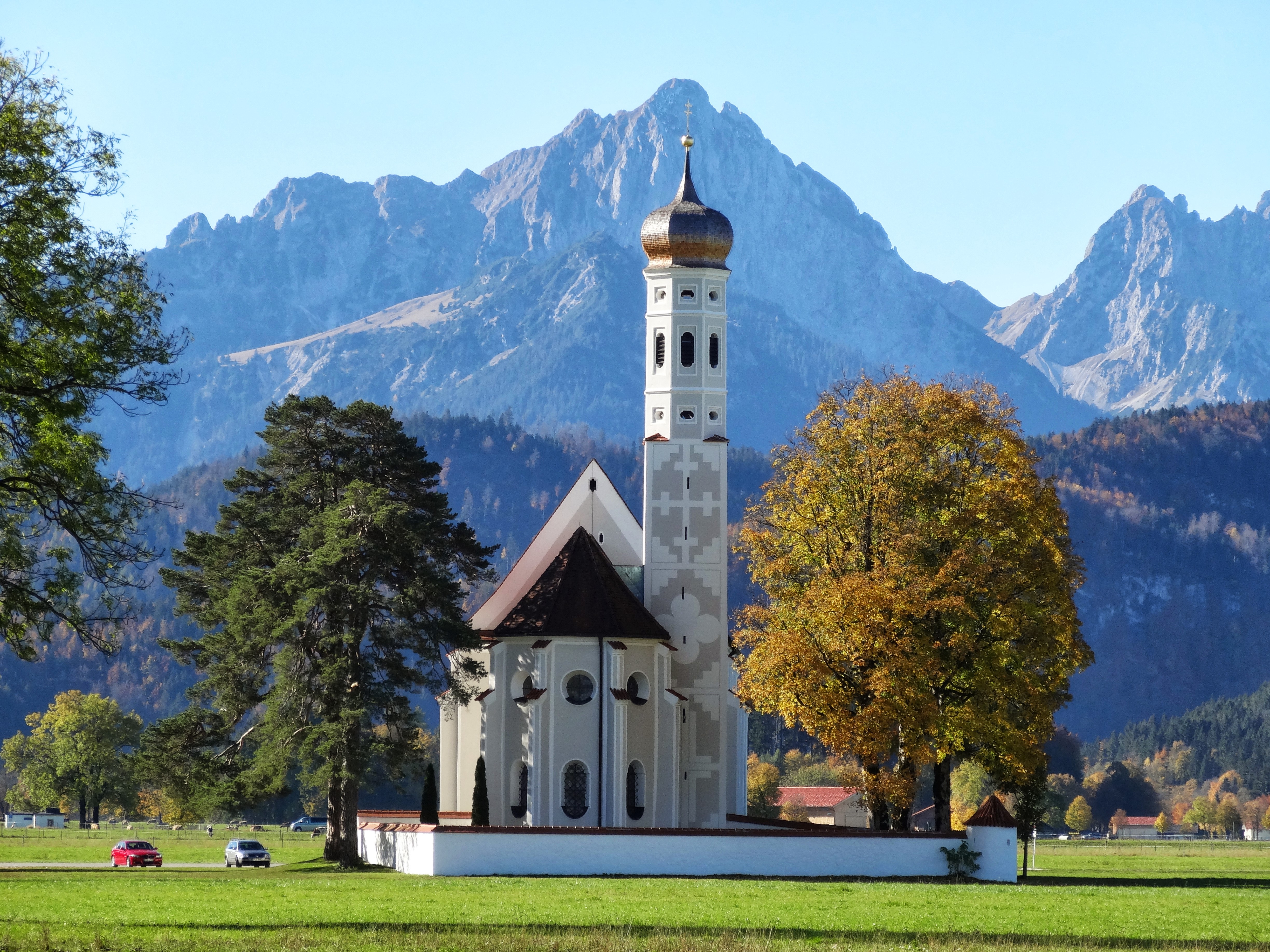 A Catholic Church near Füssen with the Alps in the background