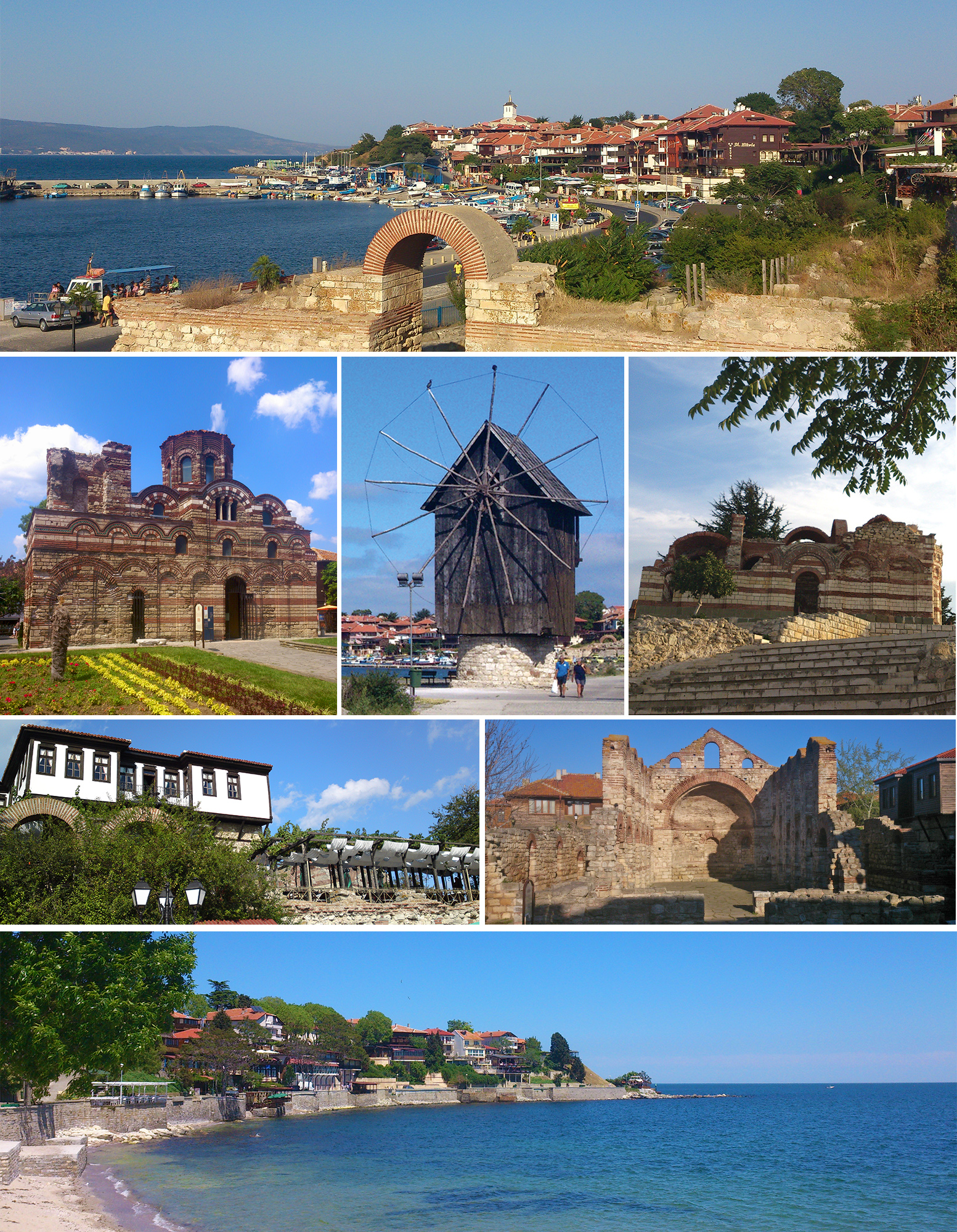 Nessebar collage: Northern harbour, Church of Christ Pantokrator, The wooden windmill on the isthmus, Church of St John Aliturgetos, Old house and town walls, Church of St Sophia, Southern bay of the old town